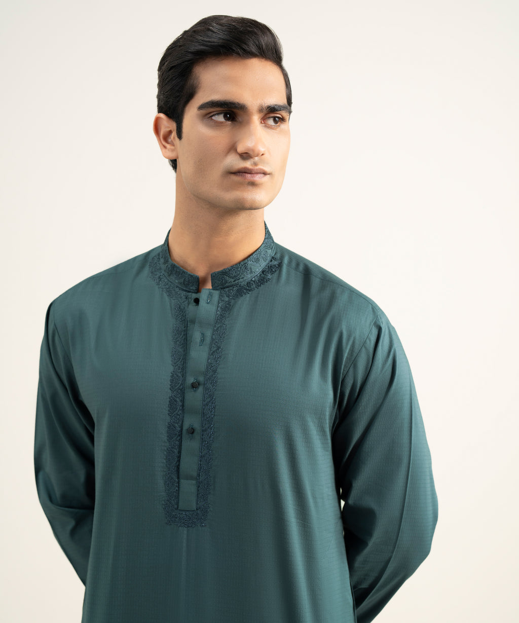 Embroidered Cotton Jacquard Kurta