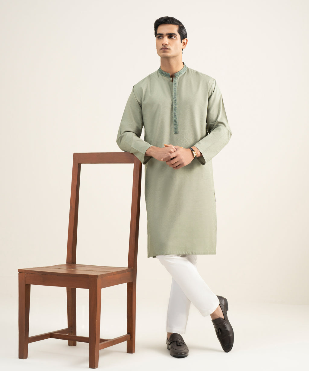 Embroidered Cotton Jacquard Kurta