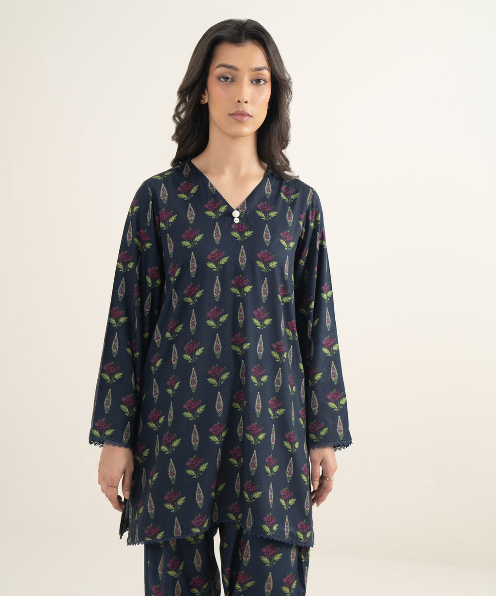 Women's RTW Arabic Lawn Printed Blue Straight Shirt