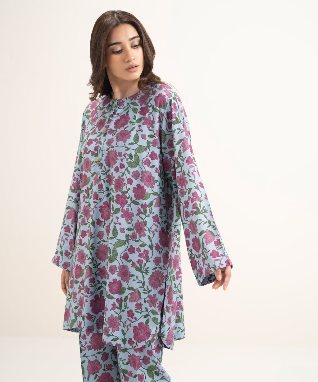 Women's RTW Arabic Lawn Printed Blue Drop Shoulder Shirt
