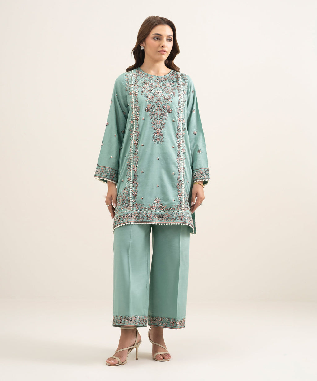 Women's RTW Dobby Embroidered Green A-Line Shirt