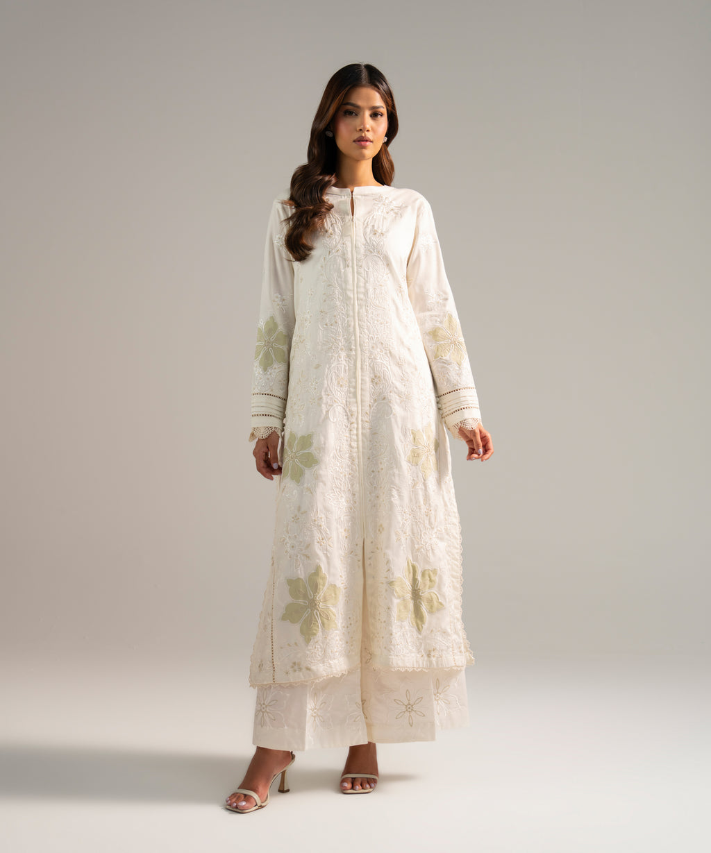 2 Piece - Embroidered Cotton Satin Suit - OFF WHITE