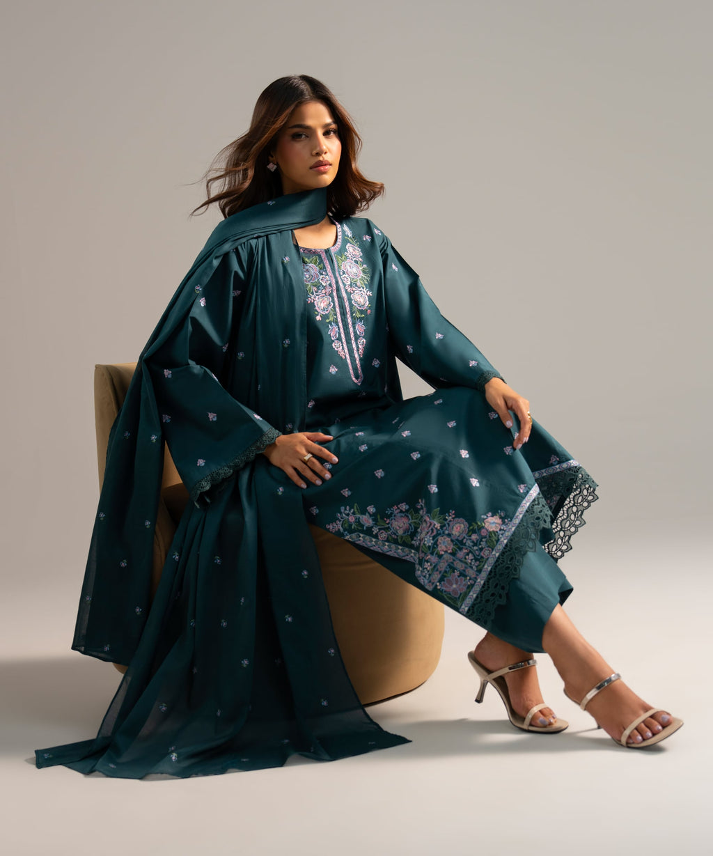 3 Piece - Embroidered Lawn Suit - TEAL