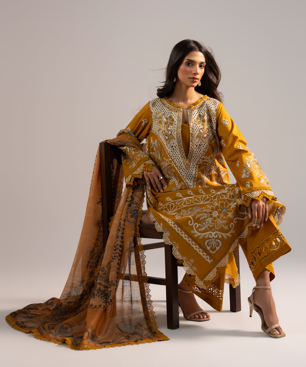3 Piece - Embroidered Lawn Suit - MUSTARD YELLOW