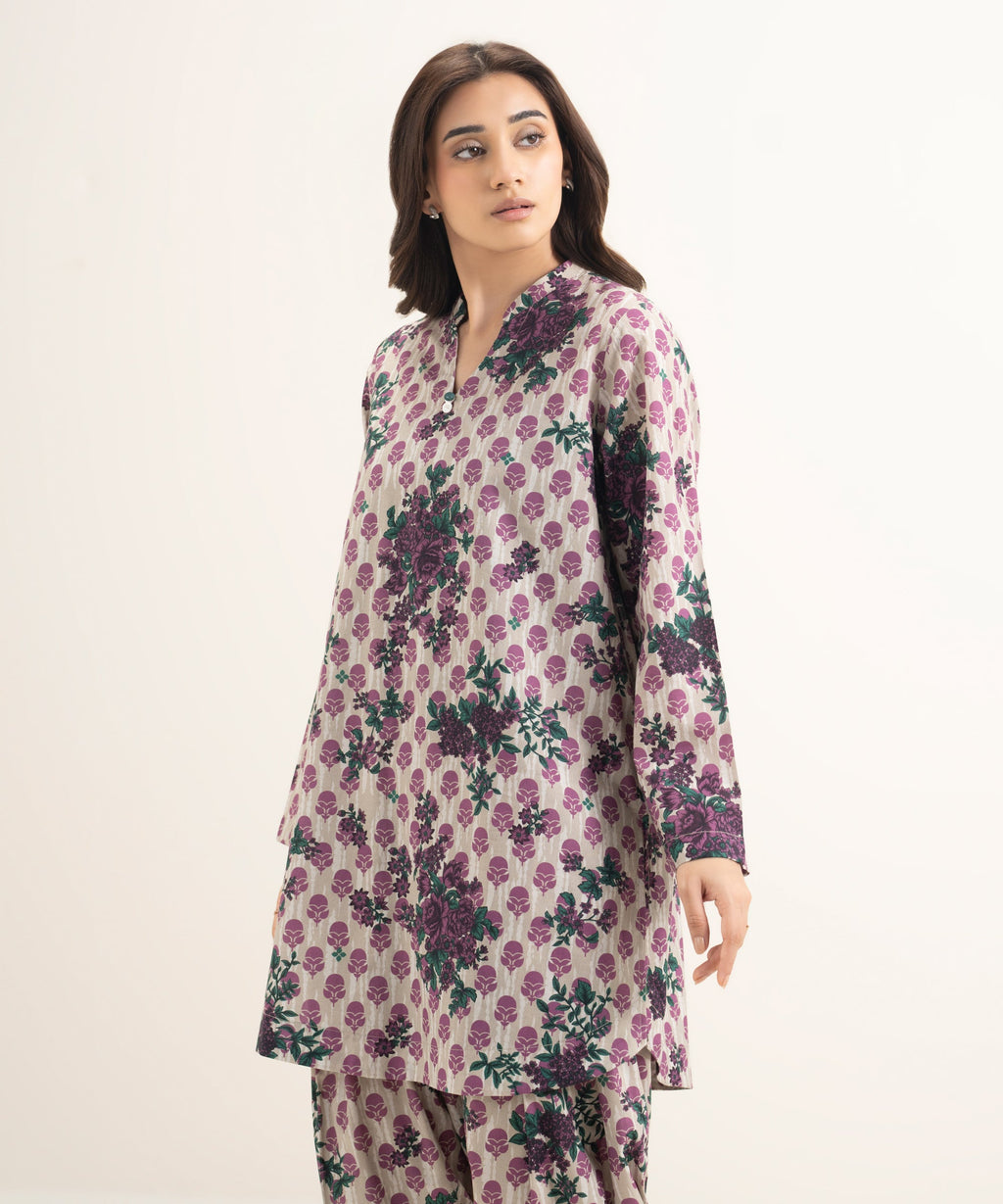 Women's RTW Cambric Printed Beige Straight Shirt