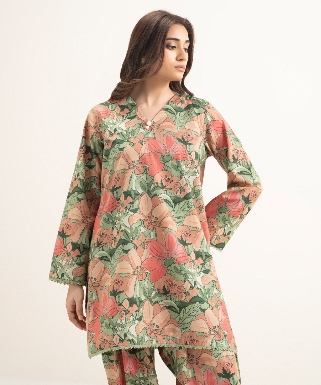 Women's RTW Cambric Printed Green Straight Shirt