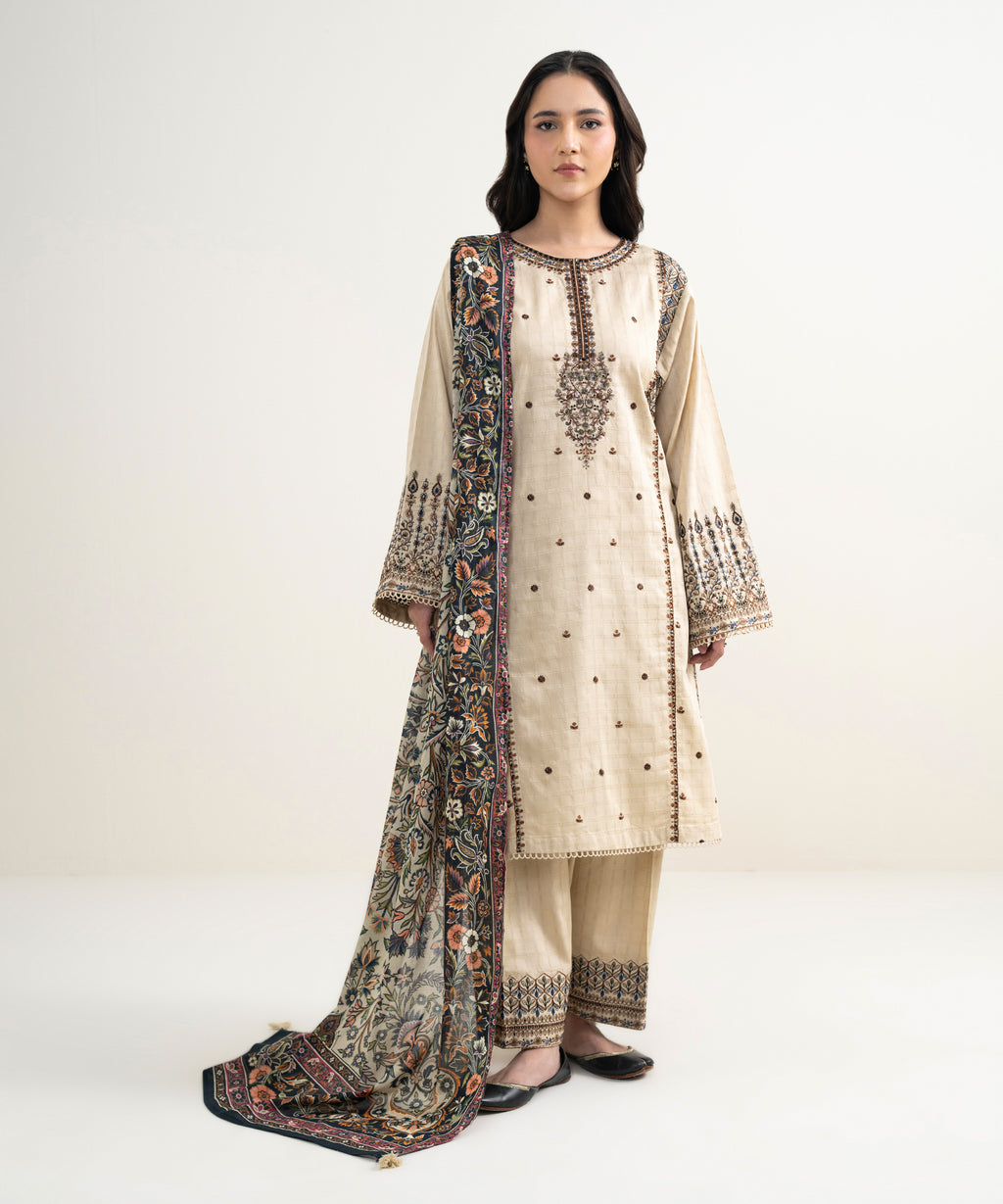 3 Piece - Embroidered Dobby Suit