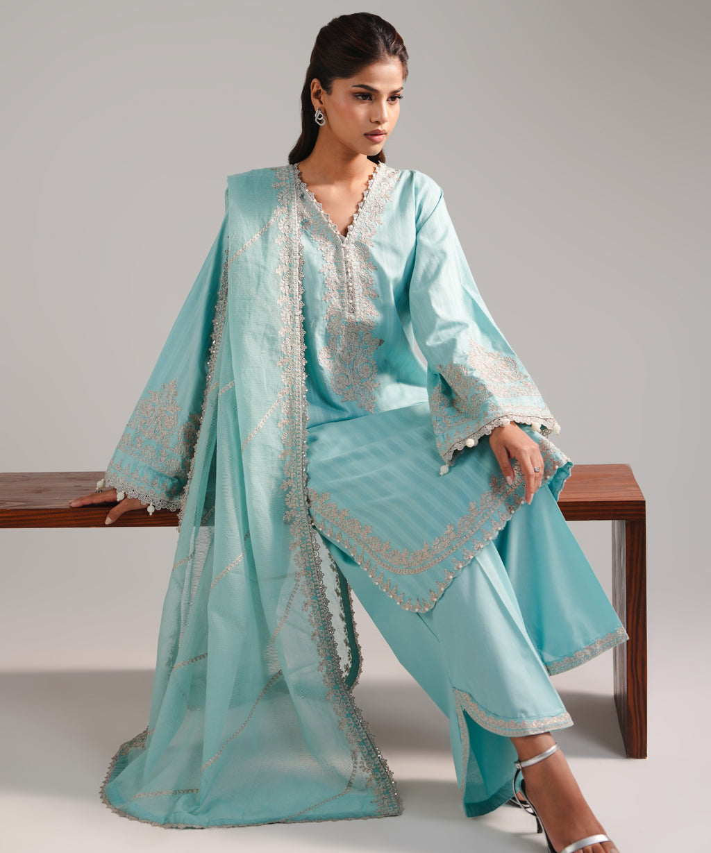 3 Piece - Embroidered Leno Kara Suit