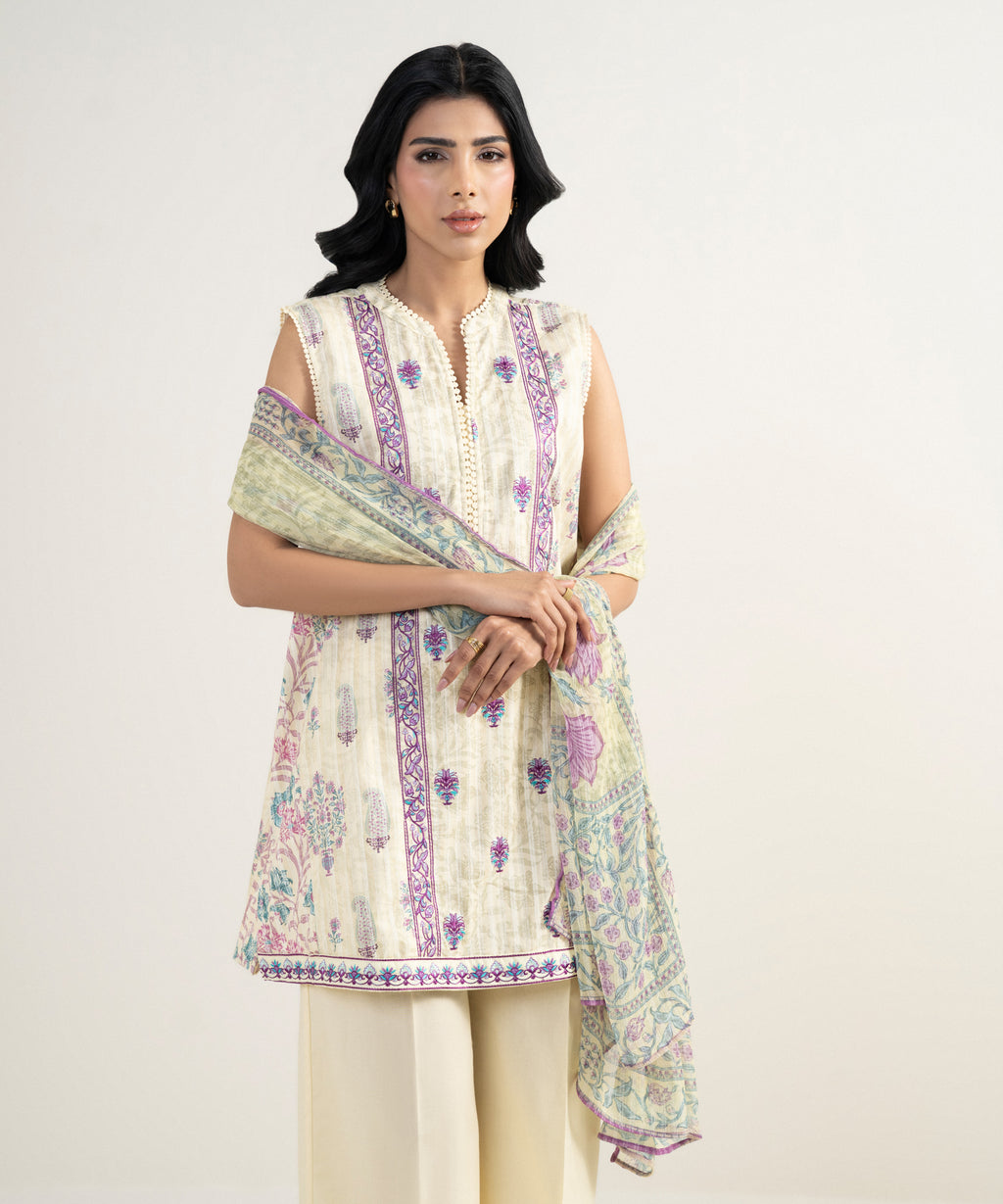 3 Piece - Embroidered Dobby Suit