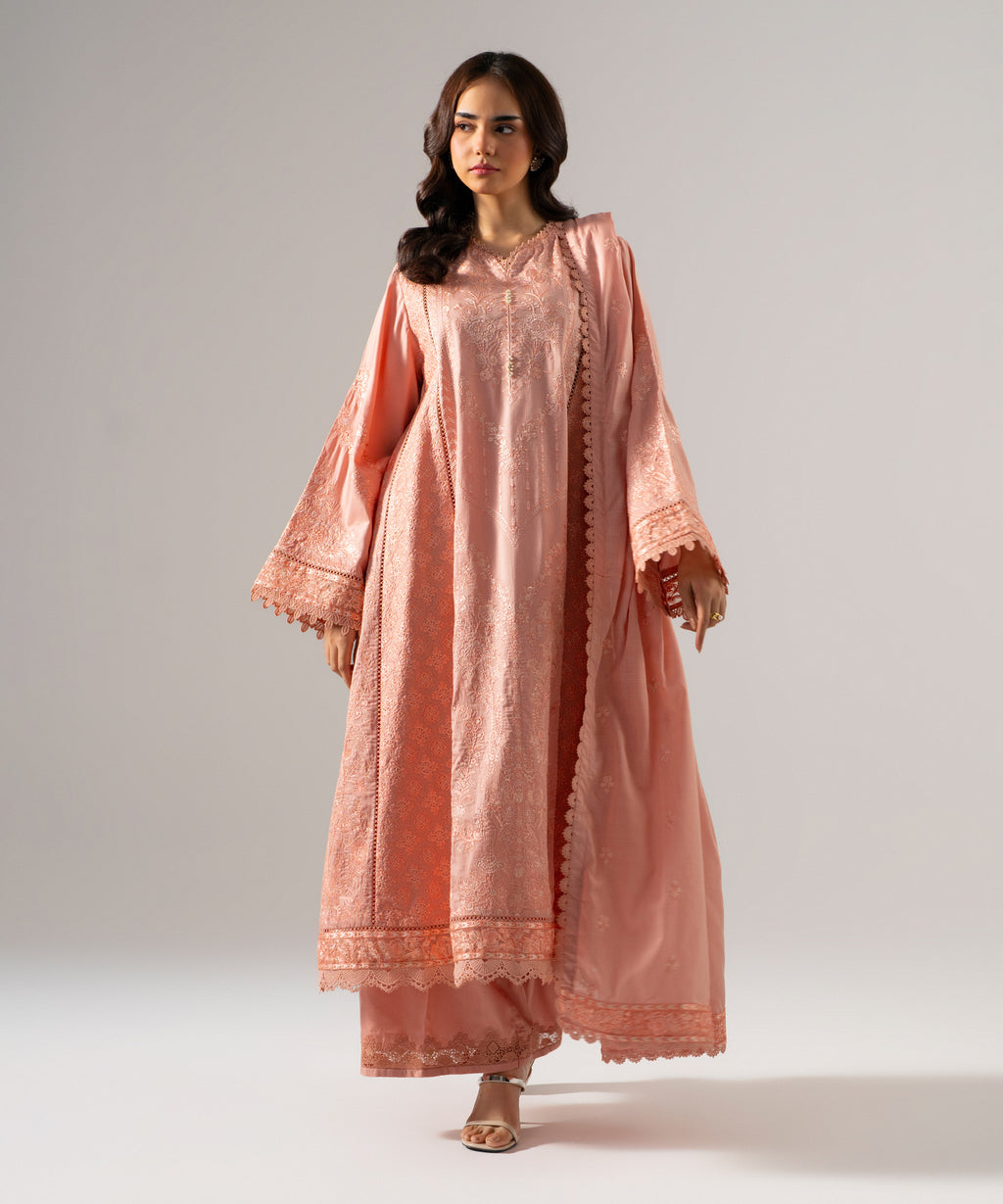 3 Piece - Embroidered Cotton Satin Suit