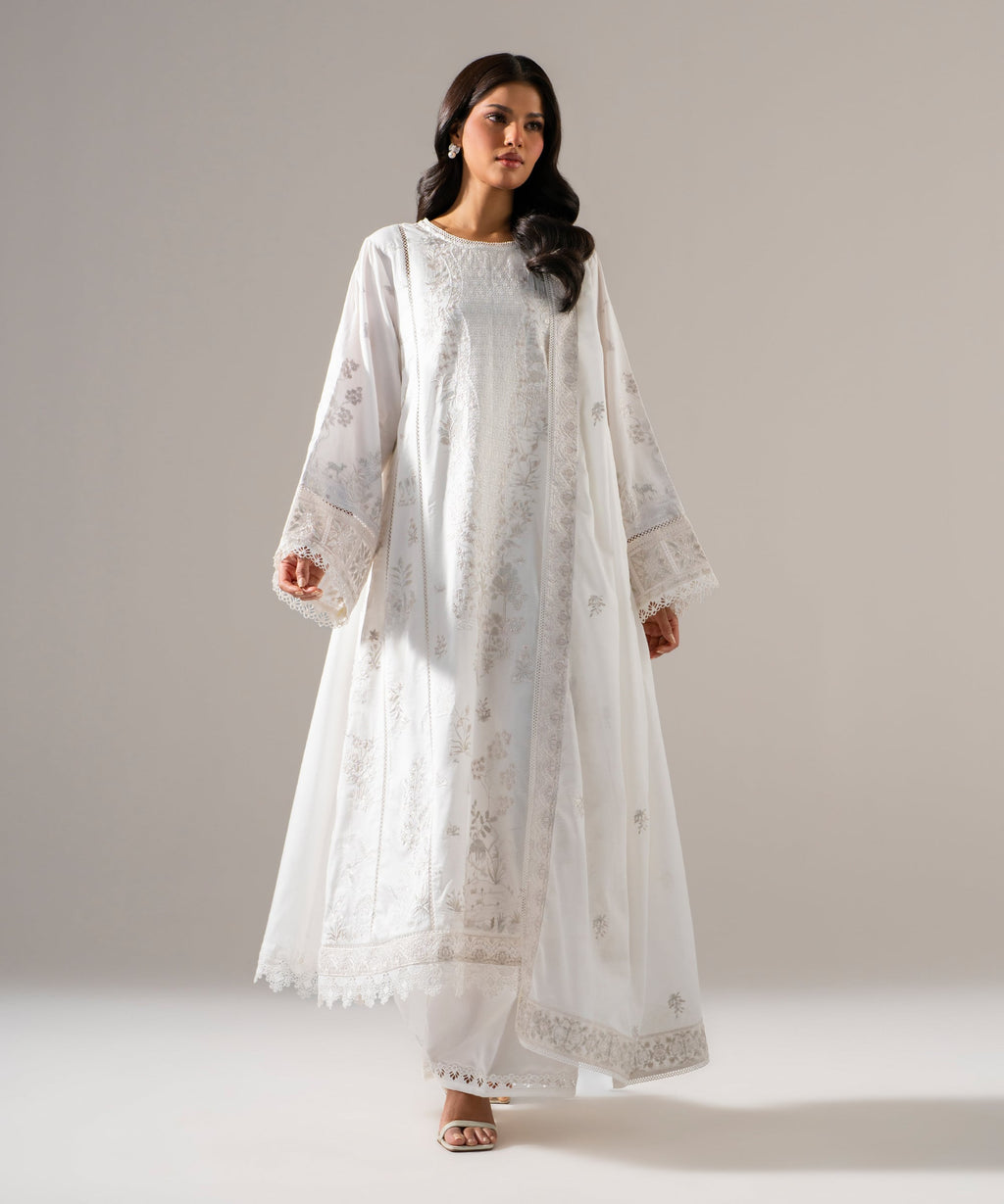 3 Piece - Embroidered Cotton Satin Suit