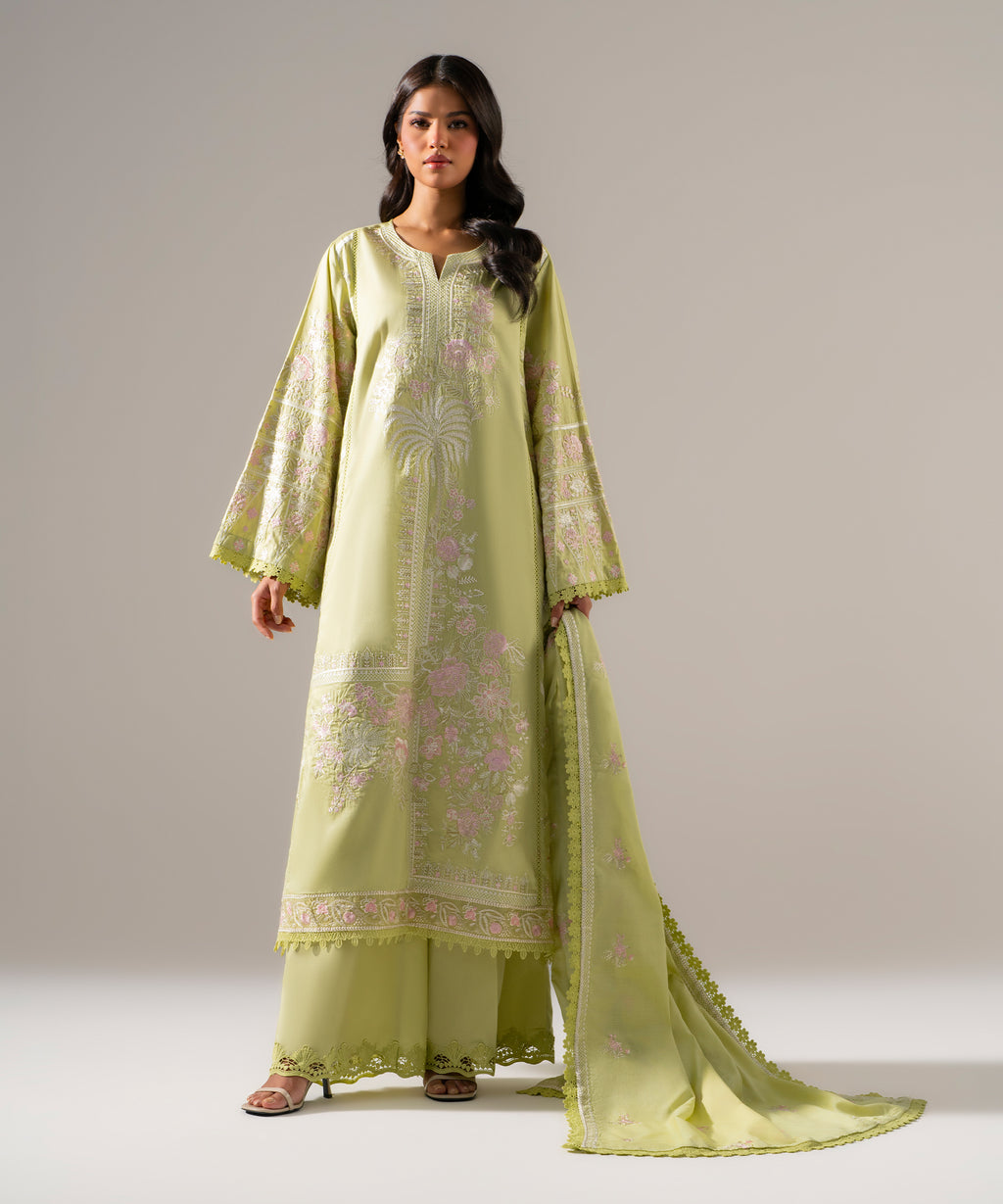 3 Piece - Embroidered Cotton Satin Suit