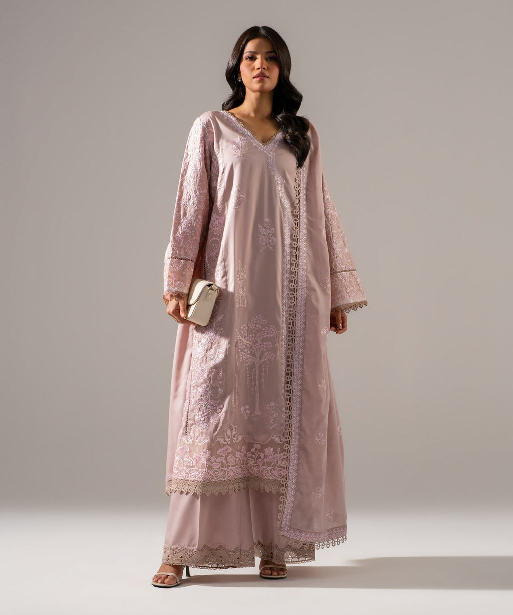 3 Piece - Embroidered Cotton Satin Suit