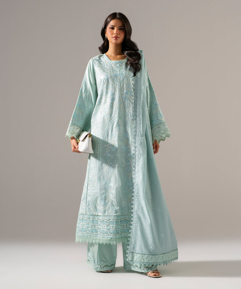 3 Piece - Embroidered Cotton Satin Suit