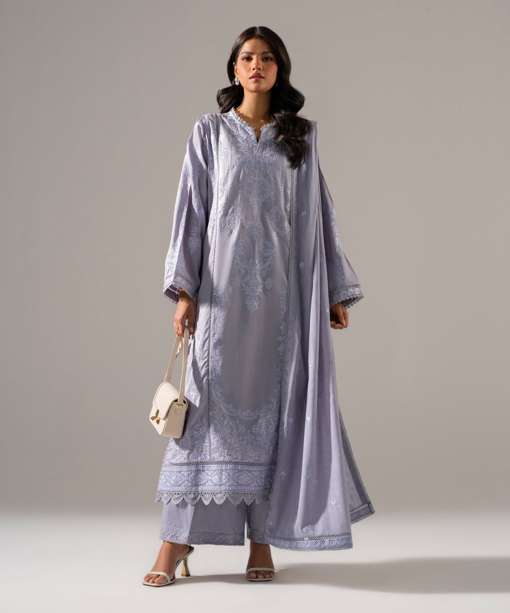 3 Piece - Embroidered Cotton Satin Suit