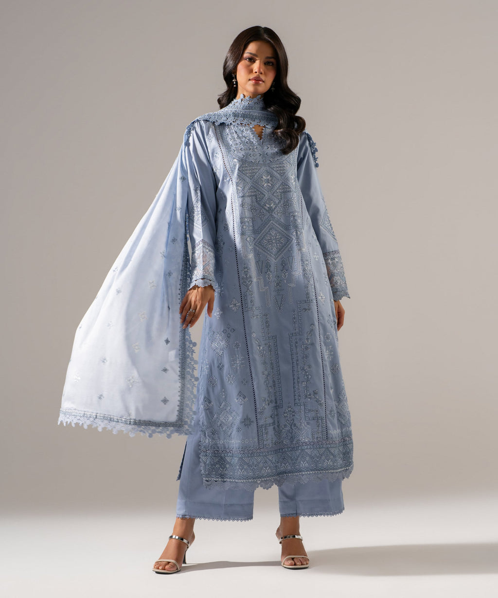 3 Piece - Embroidered Cotton Satin Suit