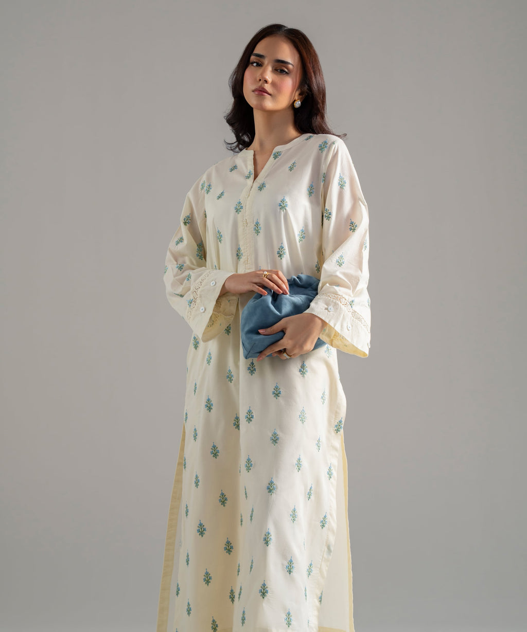 Women's RTW Solid Embroidered Lawn Off White A-Line Shirt