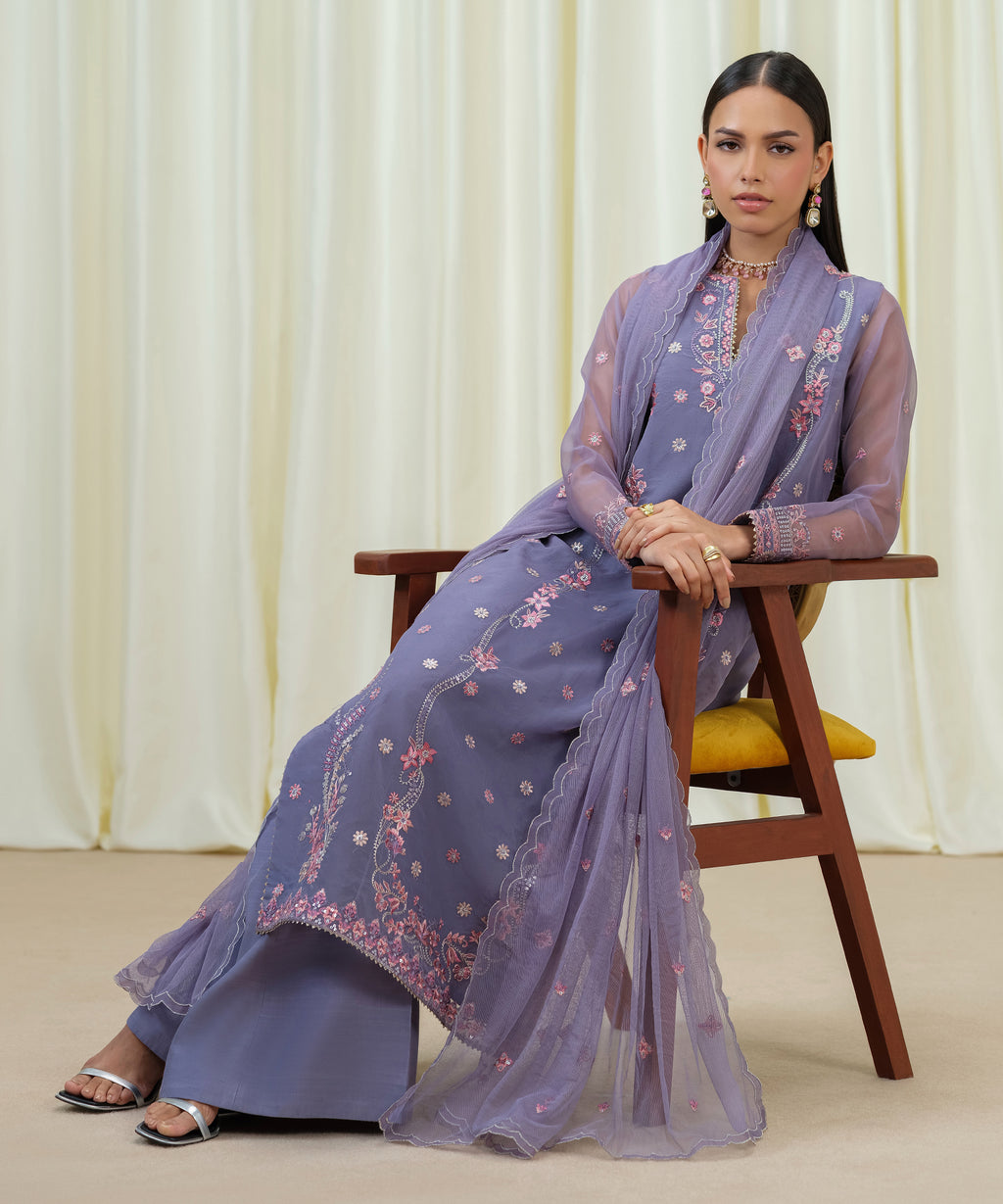 3 Piece - Embroidered Organza Suit