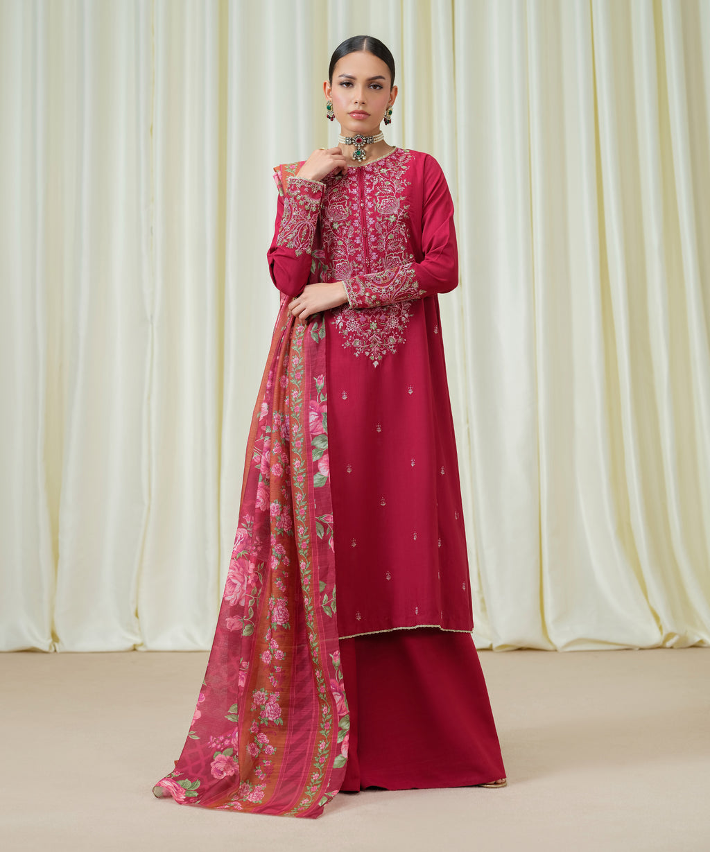 3 Piece - Embroidered Raw Silk Suit