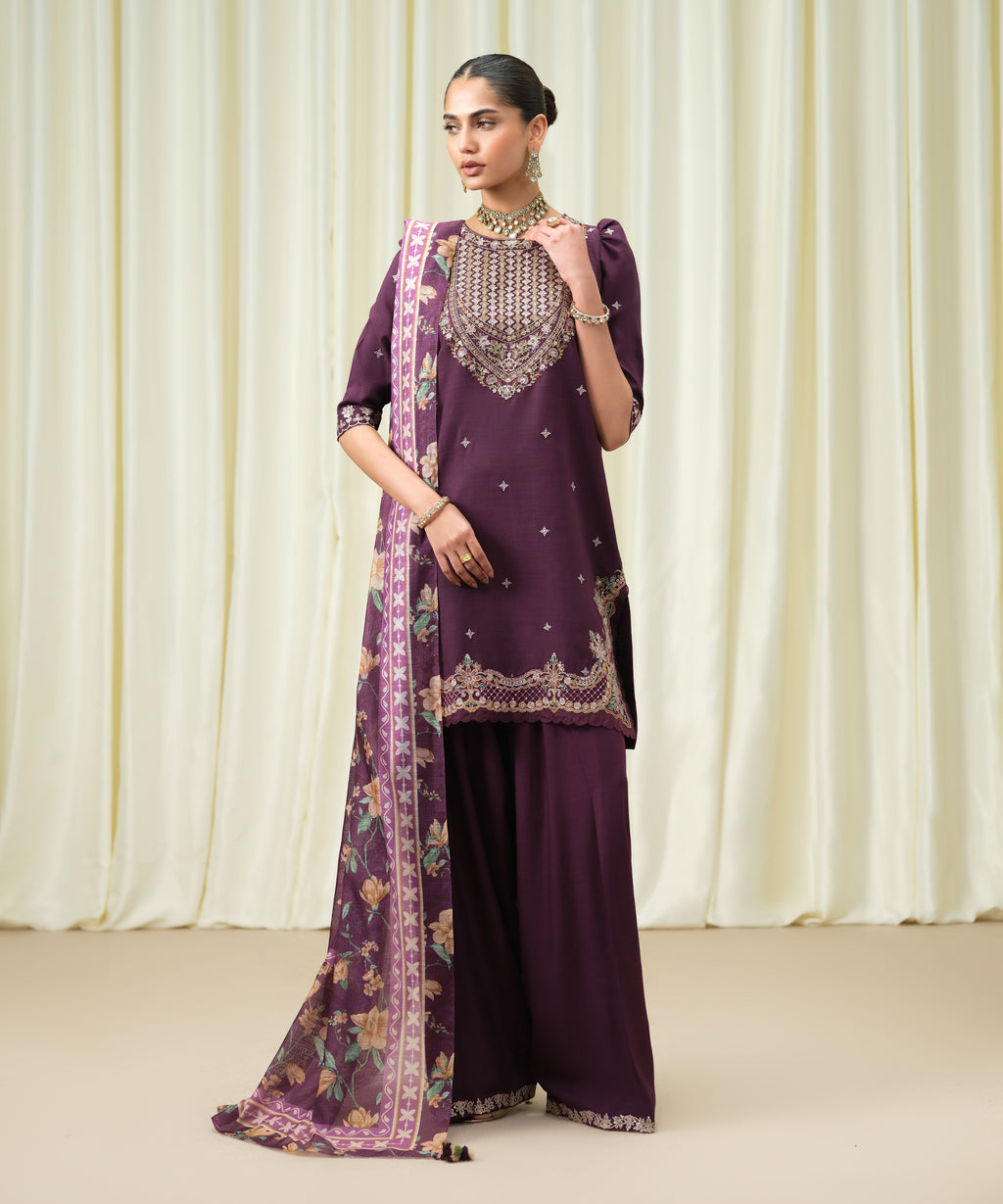 3 Piece - Embroidered Raw Silk Suit