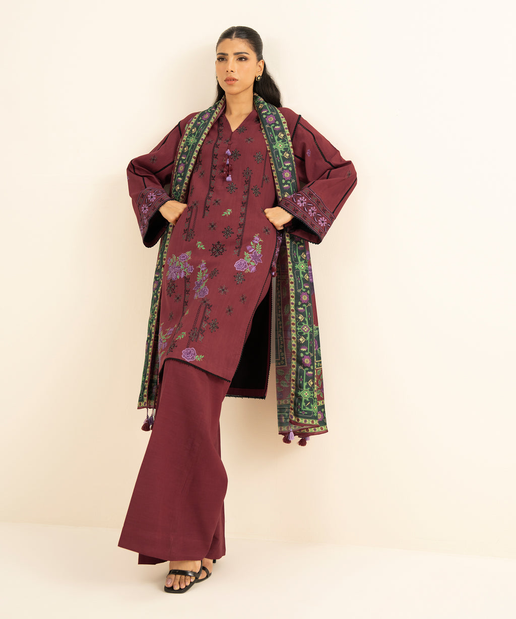 3 Piece - Embroidered Raw Silk Suit