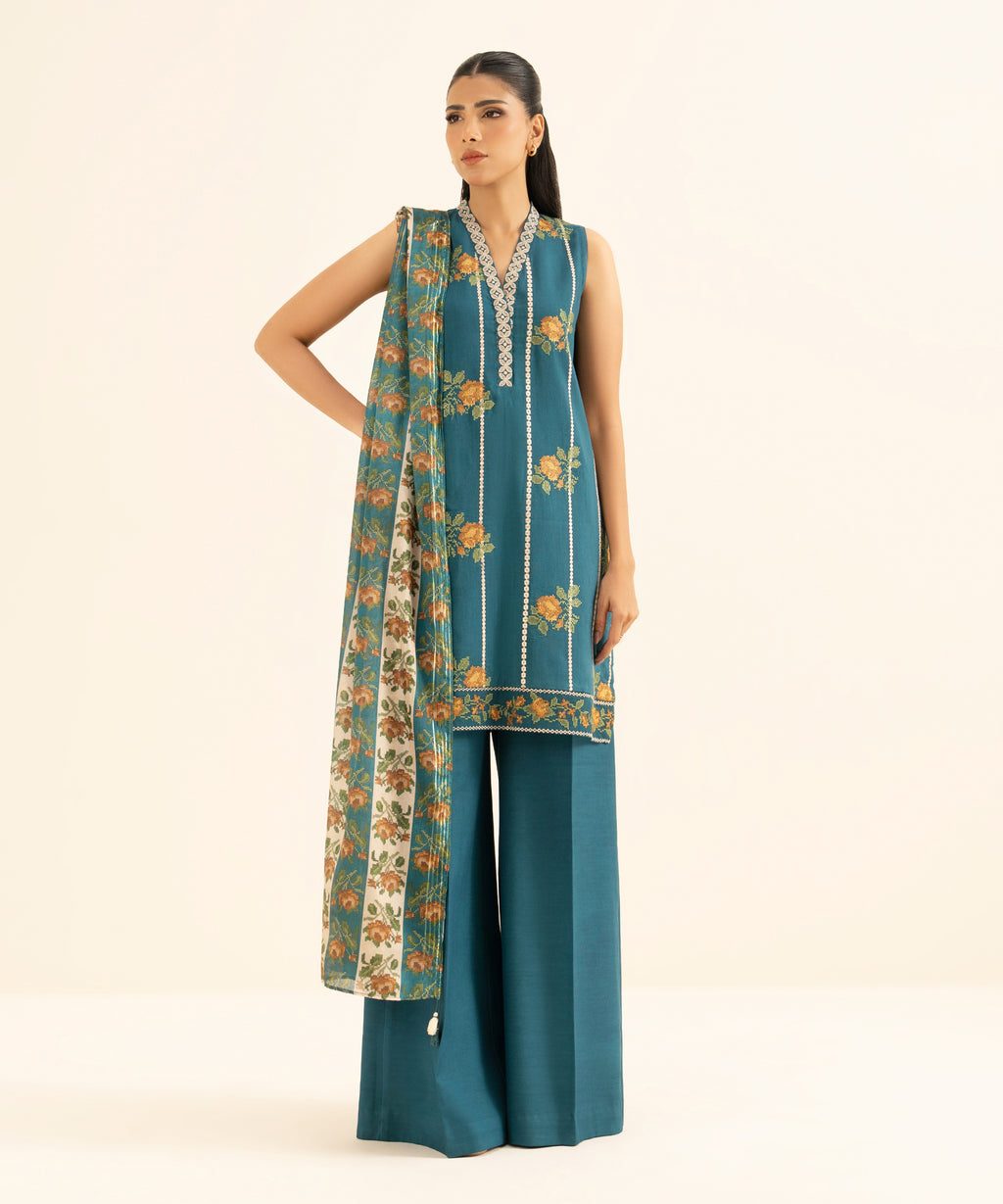 3 Piece - Embroidered Raw Silk Suit