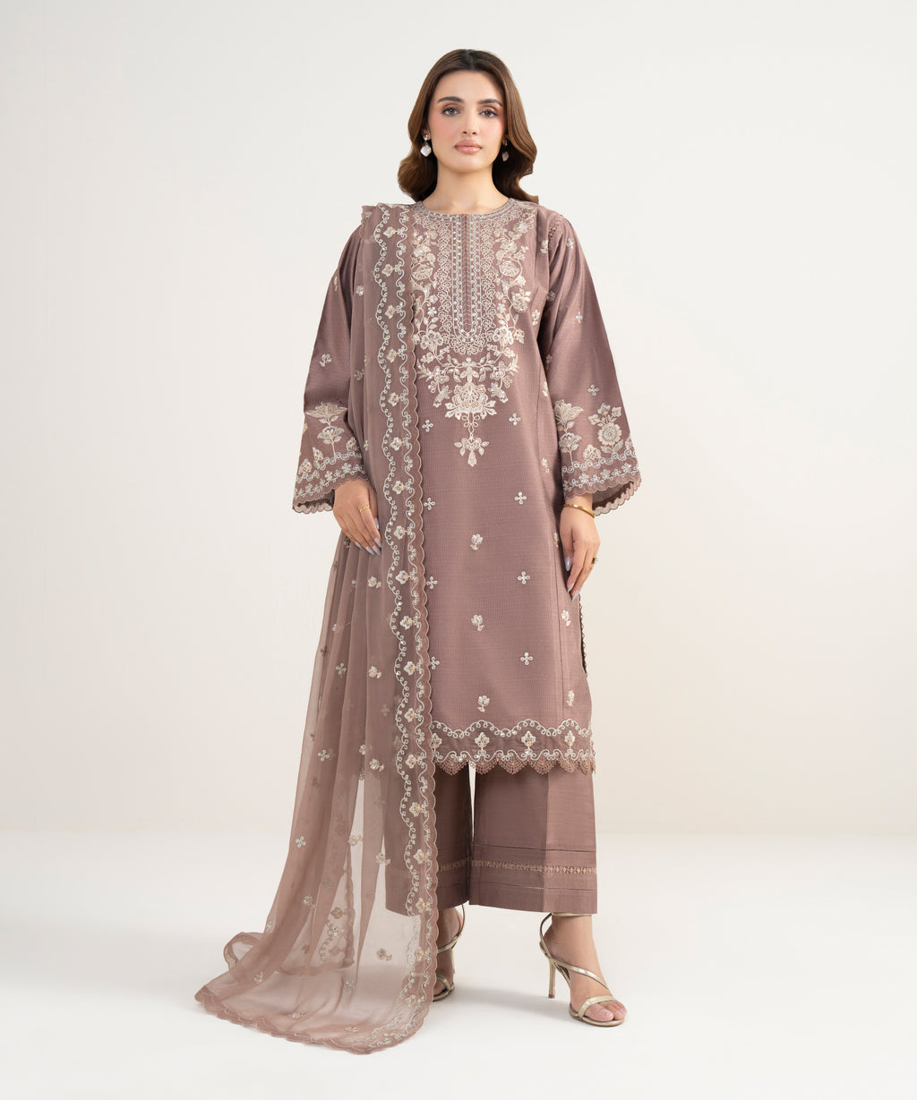 3 Piece - Embroidered Cotton Net Suit